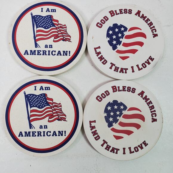 Vintage USA God Bless America Drink Coasters 4 Inch SET OF 4 Barware - Picture 1 of 2